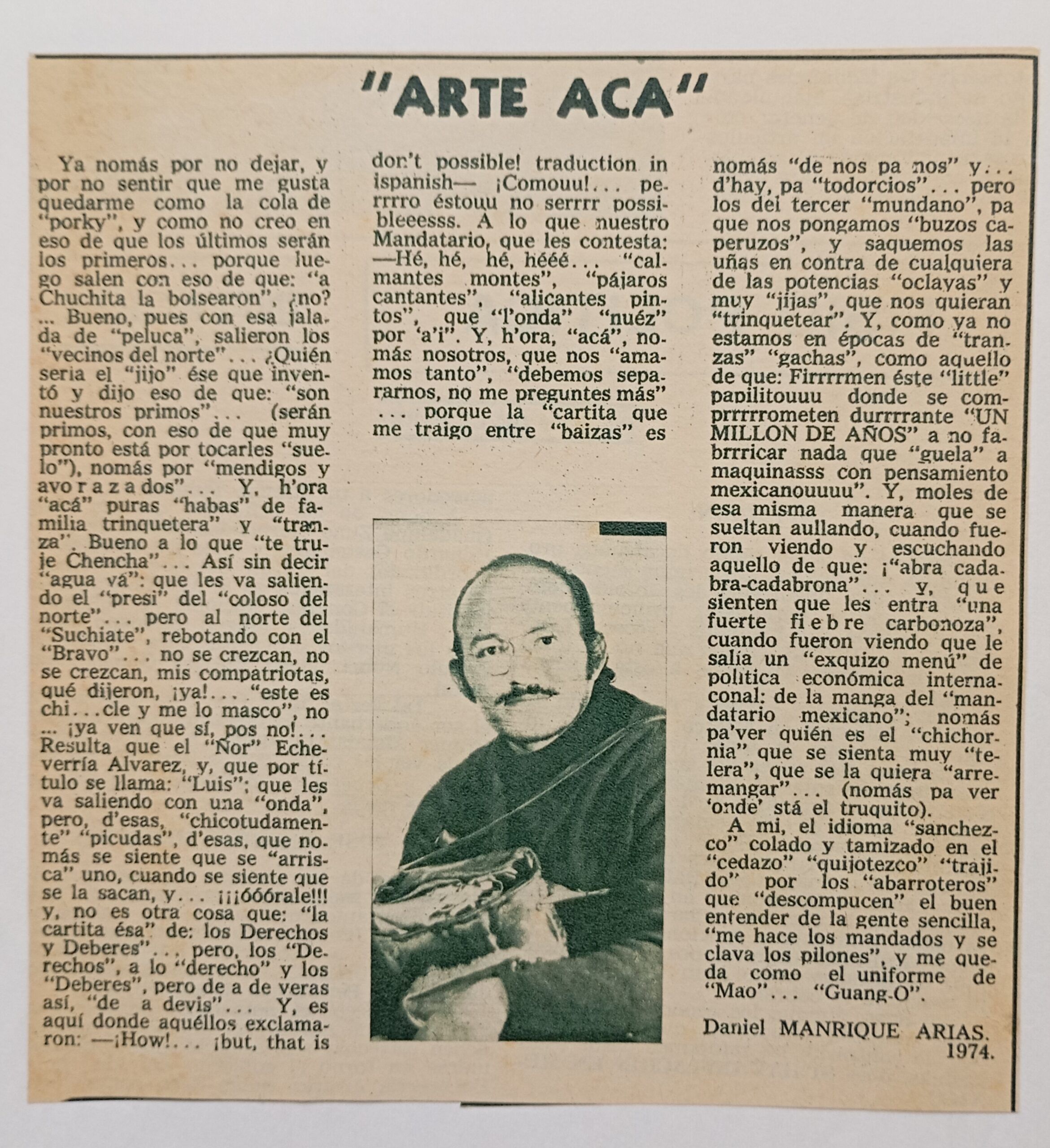 Recorte de periódico de 1974 titulado Arte Acá, con texto firmado por Daniel Manrique Arias